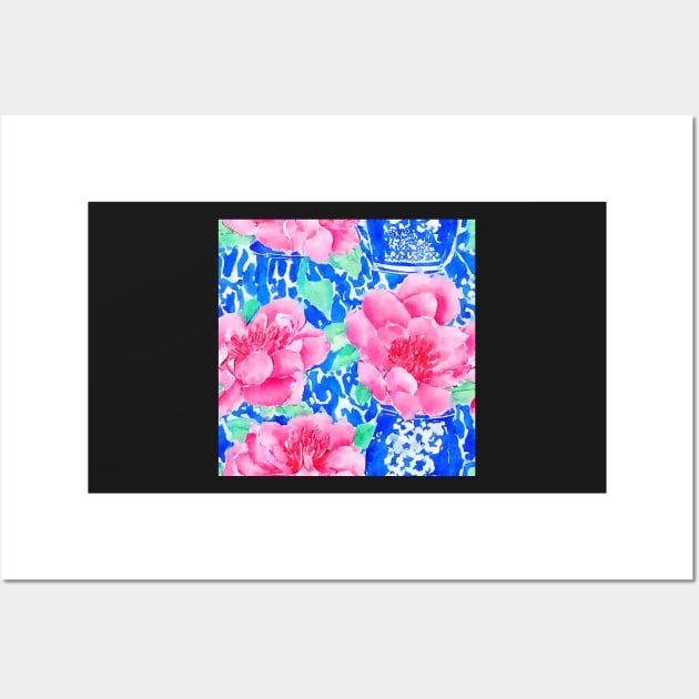 Chinoiserie and peonies on blue background watercolor Wall Art by SophieClimaArt